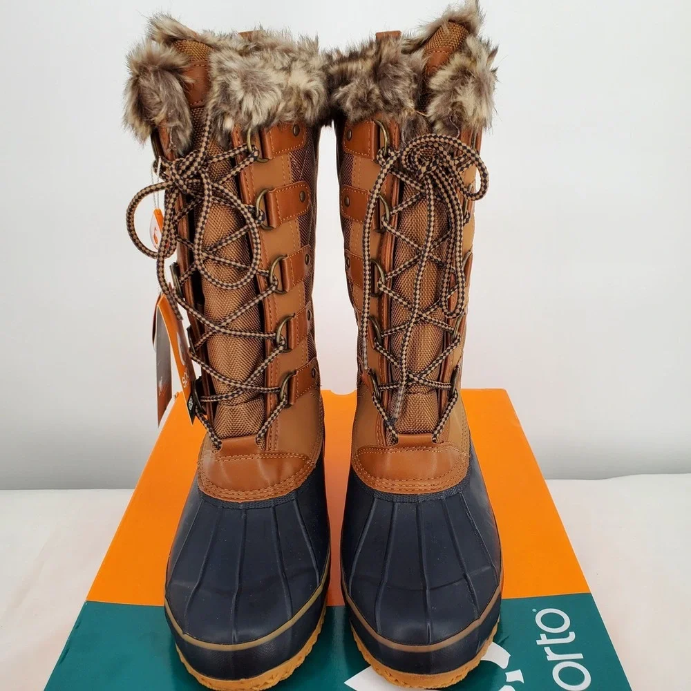 Sporto Deal Waterproof Duck Boots Women 9 M Tan Navy Faux Fur Trim Round Toe New